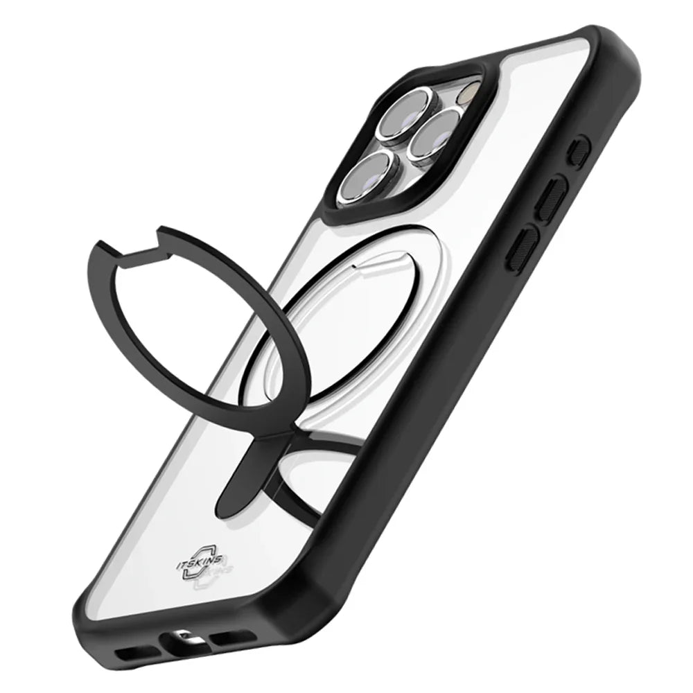 Itskins Hybrid Stand iPhone 15 Pro Magsafe Case - Black And Transparent - Tashqila Itskins Hybrid Stand iPhone 15 Pro Magsafe Case - Black And Transparent - Tashqila